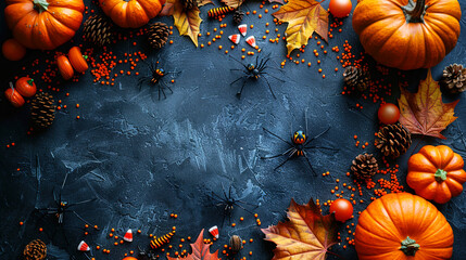 Spider on Vibrant Dark Blue Copy Space Helloween Template Background 