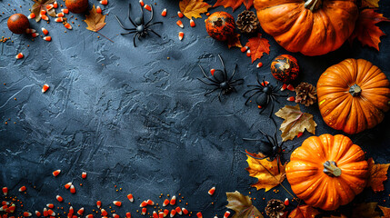 Spider on Vibrant Dark Blue Copy Space Helloween Template Background 