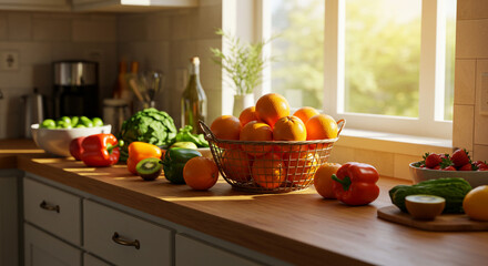 A kitchen counter with various fruits and vegetables next to a window with natural sunlight shining in