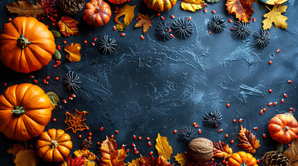 Spider on Vibrant Dark Blue Copy Space Helloween Template Background 