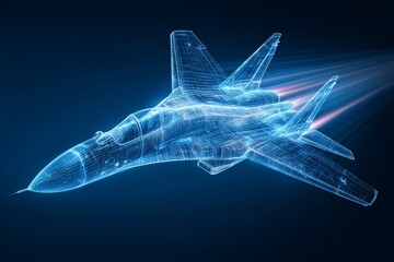Fighter jet with speed light line. Supersonic digital jet fighter in futuristic wireframe style. Technology military airplane hologram. High-speed innovations concept. Abstract aircraft background