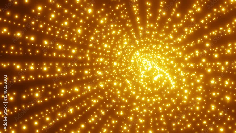 Poster abstract animated background. many glowing yellow particles moving on black background. 3d render lo