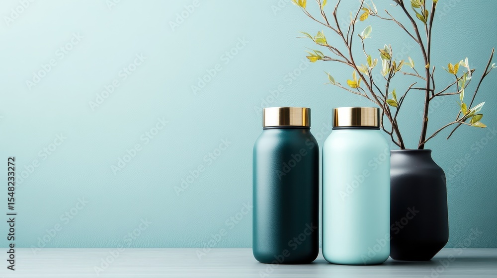 Poster this image showcases two stylish bottles beside a minimalist vase with a delicate branch, creating a