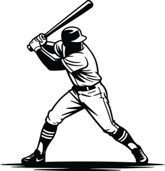 A baseball player ready to swing the bat in a black and white illustration on a white background