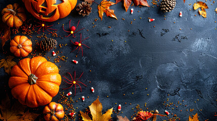 Spider on Vibrant Dark Blue Copy Space Helloween Template Background 