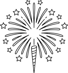 A simple black and white line drawing of a firework surrounded by stars on a plain white background space