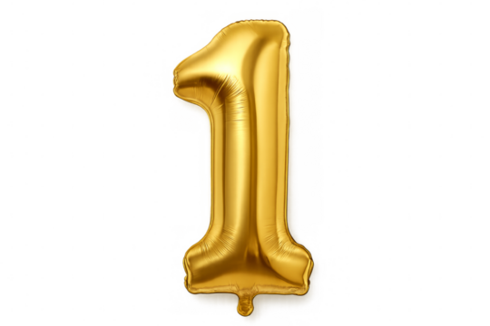 Golden number one balloon floating on transparent background