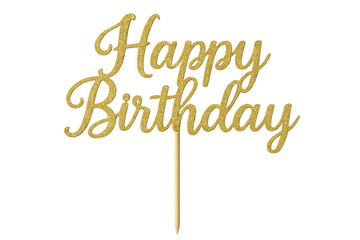 Golden happy birthday cake topper with transparent background