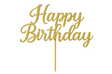 Golden happy birthday cake topper with transparent background