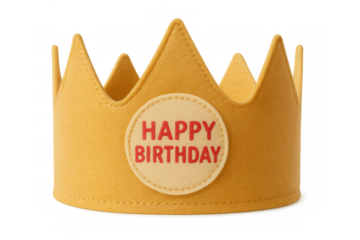 Yellow felt birthday crown celebrating a special occasion on transparent background