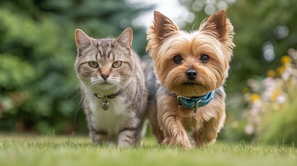 Tabby cat and yorkshire terrier dog strolling on lush green lawn