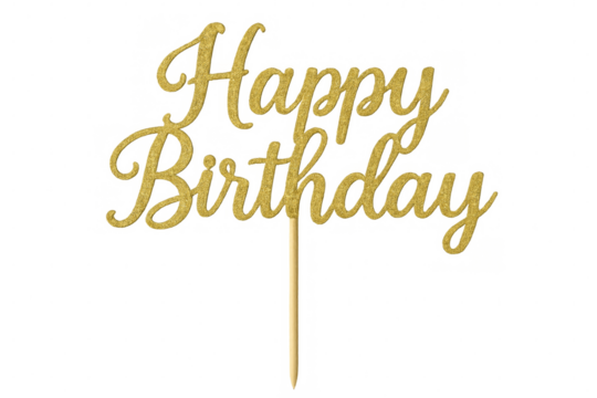 Golden happy birthday cake topper with transparent background
