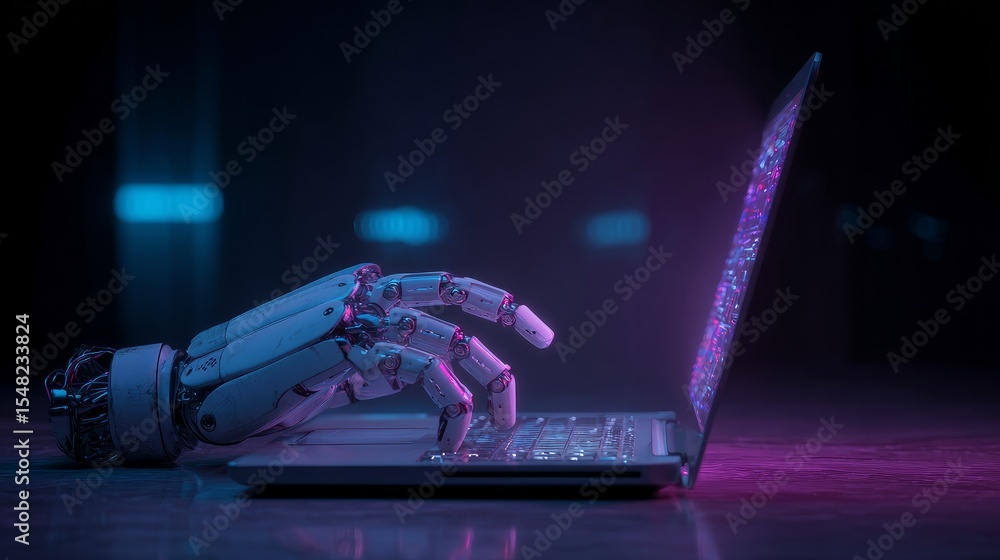 Poster robotic hand operating a laptop in a neon-lit scene representing artificial intelligence