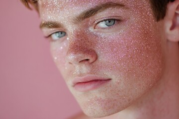 Portrait of handsome young man with glitter on face. Glowing skin. Concept of beauty and fashion.