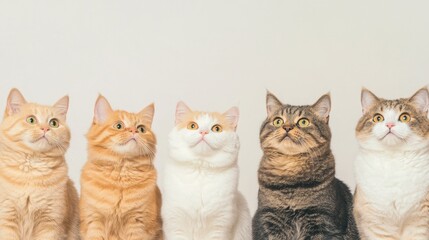 Five adorable cats with diverse fur patterns sitting in a row