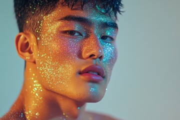Portrait of Asian handsome young man with glitter on face. Glowing skin. Concept of beauty and fashion.