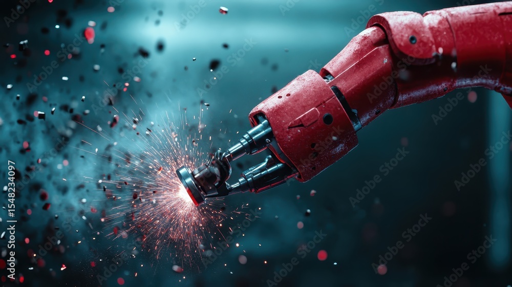 Poster this striking image illustrates a dynamic robotic arm emitting sparks during operation, representing