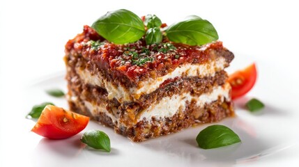 Savory layers of lasagna garnished with fresh basil, presented against a white background