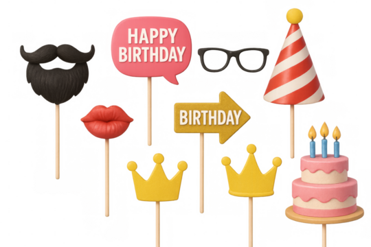 3d birthday party props with transparent background featuring cake, crown, mustache, lips, hat and glasses