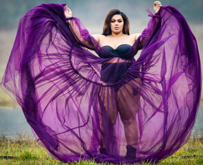 Purple Tulle dress flowing outward in the wind