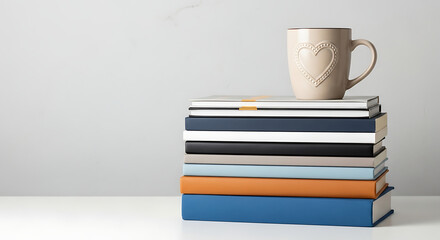 Naklejka premium Stack of colorful books with ceramic mug on top in a bright setting 