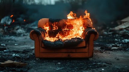 An orange couch engulfed in flames creates an intense and dramatic scene, provoking thoughts on waste, urban decay, and the ashes of forgotten comfort.
