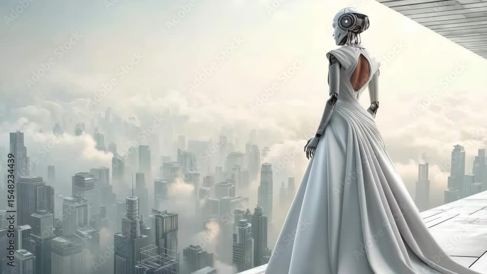 Poster an elegant robot in a long dress stands on the roof of a skyscraper, watching a futuristic city in t