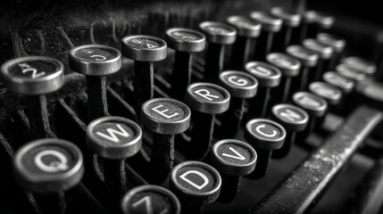 Close-up of vintage typewriter keys with black and white aesthetic