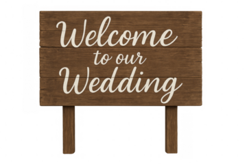 Wooden wedding welcome sign on transparent background
