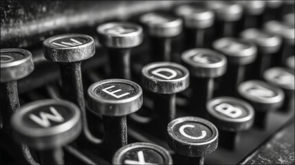 Close-up of vintage typewriter keys in black and white