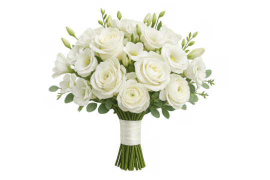 Bouquet of white roses and lisianthus flowers with transparent background