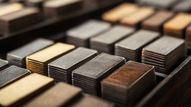 Closeup of different wooden samples for flooring and furniture selection in carpentry interior design scene