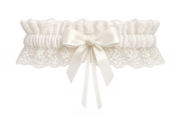 White lace garter with satin ribbon bow on transparent background