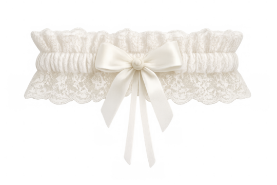 White lace garter with satin ribbon bow on transparent background