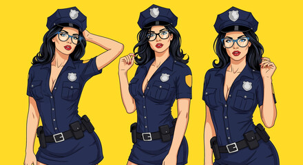 Adobe illustrator artwork vector illustration: Pop art pin-up style illustration featuring set of attractive female police officers in uniforms, hats, and glasses against a vibrant yellow background