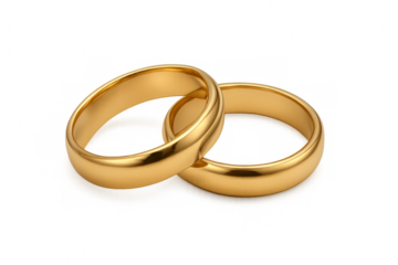 Two golden wedding rings intertwined on transparent background