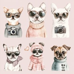 Fototapeta premium Chic dogs in sunglasses and sweaters - stylish and adorable canine portraits