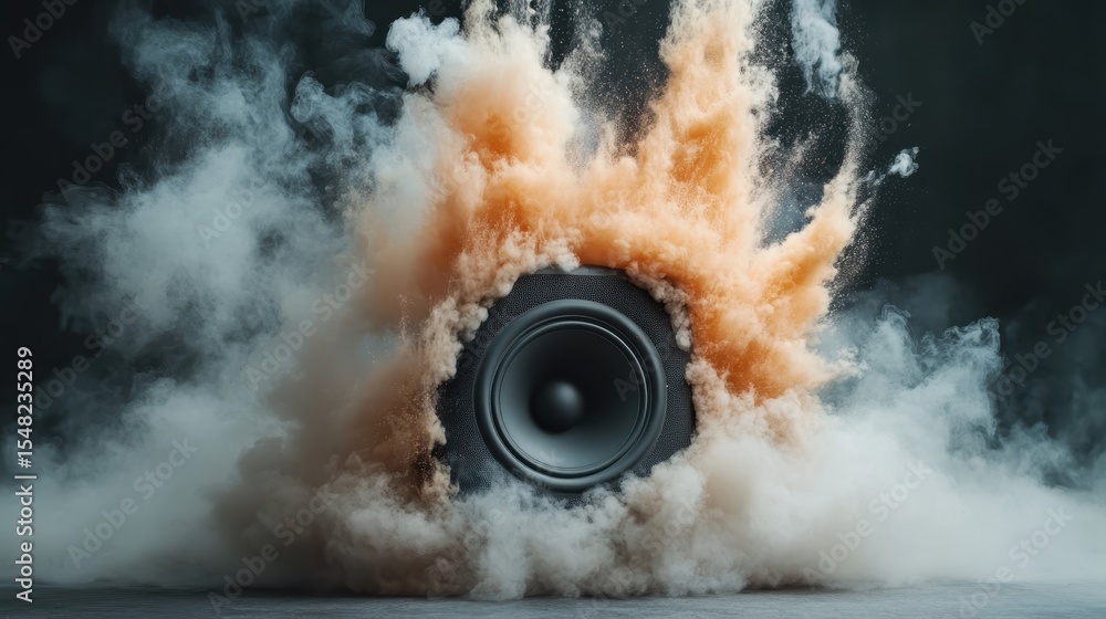 Poster an innovative representation of sound as colorful clouds emanate from a speaker, illustrating the en