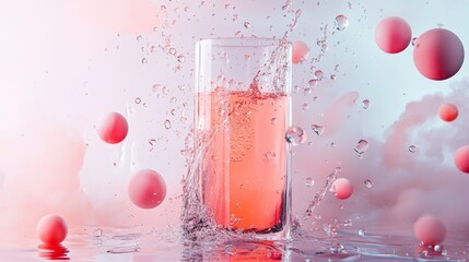 Splashing pink drink with floating fruit on glossy surface in refreshing beverage summer energy scene