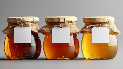 Three honey jars with blank labels on gray background