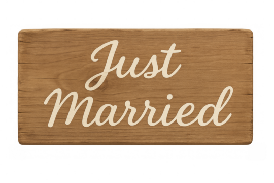 Just married sign on wooden plank with transparent background