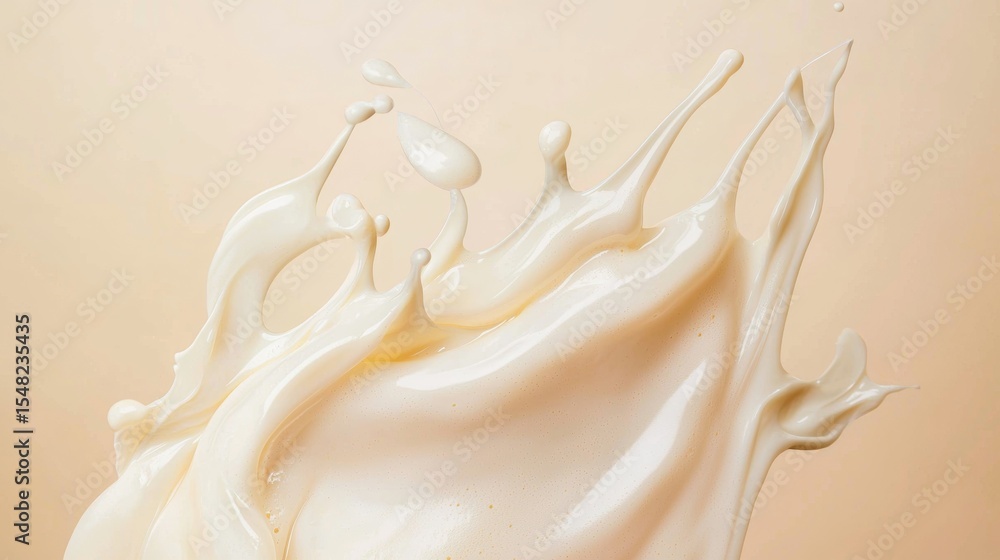 Poster white liquid splash frozen in motion with abstract shape and beige background in dynamic dairy food 