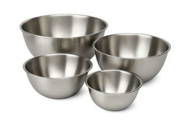 Four empty stainless steel mixing bowls on transparent background