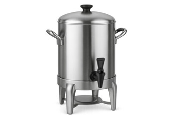 Large stainless steel coffee urn with black spout and handles on transparent background