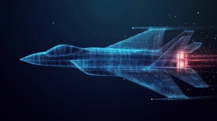 Obraz premium Fighter jet with speed light line. Supersonic digital jet fighter in futuristic wireframe style. Technology military airplane hologram. High-speed innovations concept. Abstract aircraft background