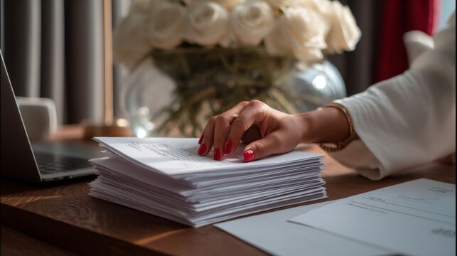 Female hand organizing documents with red nail polish near laptop and flowers