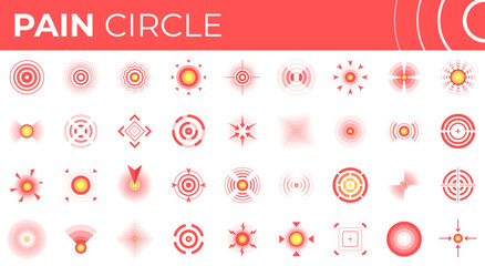 Red pain circles. Pain localization sign and pointings set icon