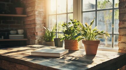Fototapeta premium Sunlit windowsill with various potted plants in rustic interior cozy natural home gardening lifestyle scene