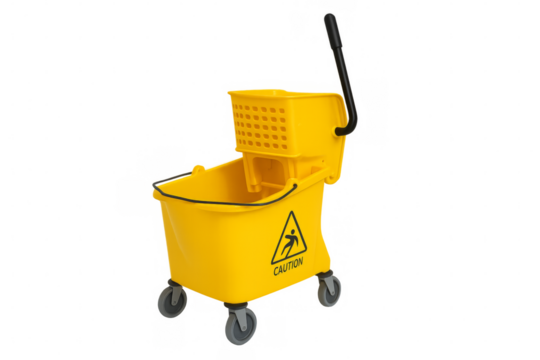 Yellow cleaning cart with caution sign and wringer on transparent background