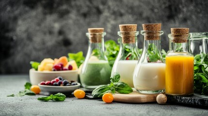 Various detox juices in glass bottles surrounded by fruits vegetables and herbs on stone table healthy nutrition wellness scene